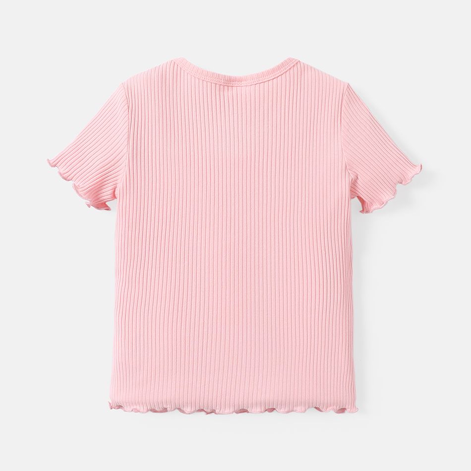 Kid Girl Lettuce Trim Ribbed Solid Color Short-sleeve Cotton Tee Light Pink big image 2