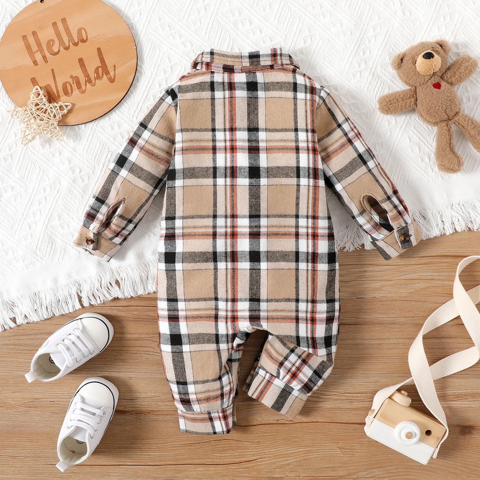 Baby Boy/Girl Button Front Long-sleeve Plaid Jumpsuit Brown big image 2