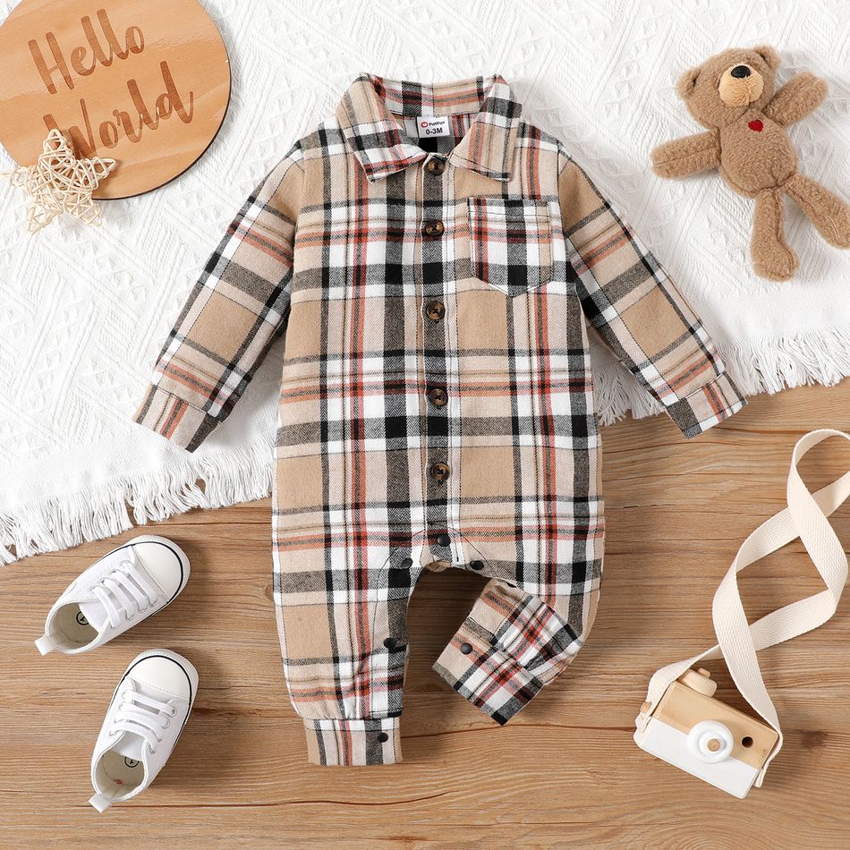 Baby Boy/Girl Button Front Long-sleeve Plaid Jumpsuit Brown big image 1