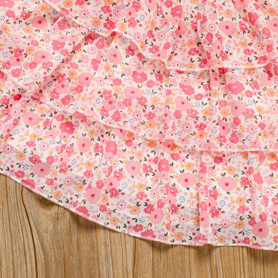 Toddler Girl Sweet Floral Print Smocked Ruffled Sleeveless Dress Pink big image 5