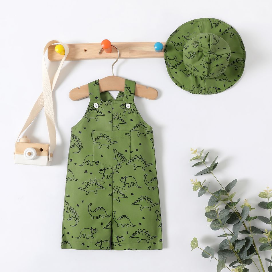 2pcs Baby Boy Allover Dinosaur Print Overalls & Hat Set Dark Green big image 1