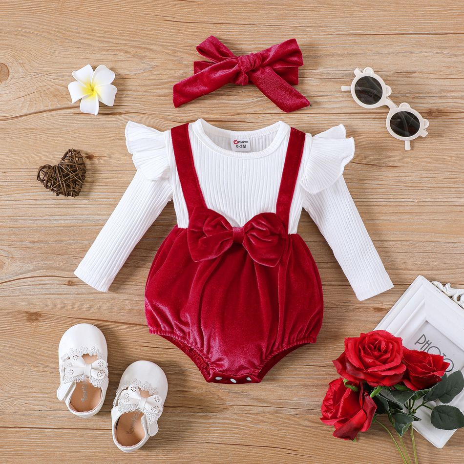 2pcs Baby Girl Cotton Ribbed Solid Spliced Long-sleeve Bow Front Romper & Headband Set Red big image 1