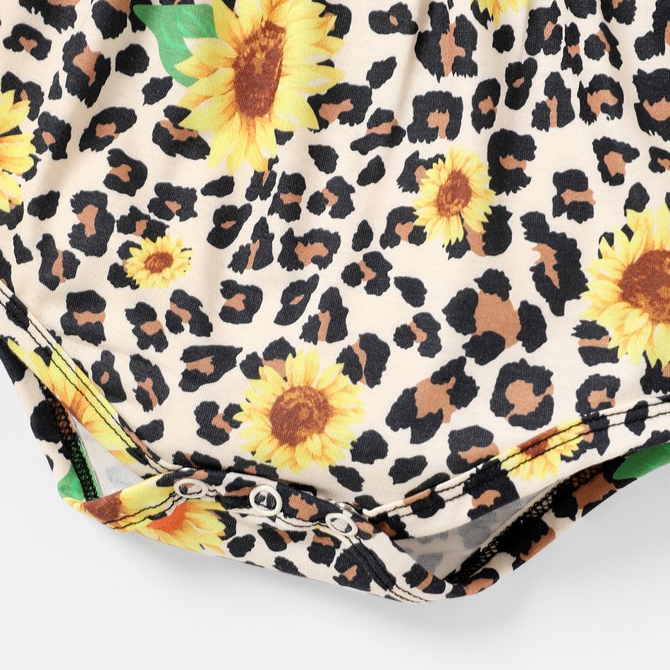 Naia™ 2pcs Baby Girl Sunflower & Leopard Print Cami Romper with Headband Set ColorBlock big image 5