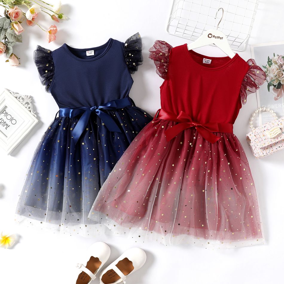 Kid Girl Glitter Star Design Mesh Splice Flutter-sleeve Belted Dress Burgundy big image 2