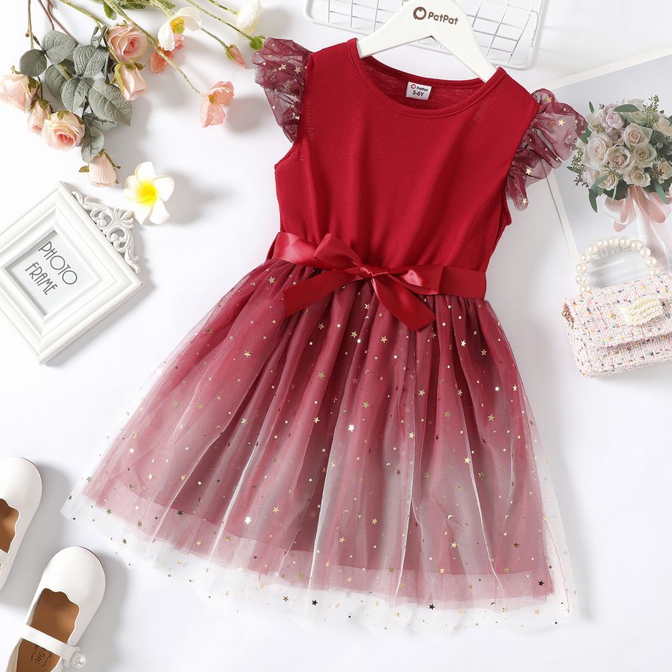 Kid Girl Glitter Star Design Mesh Splice Flutter-sleeve Belted Dress Burgundy