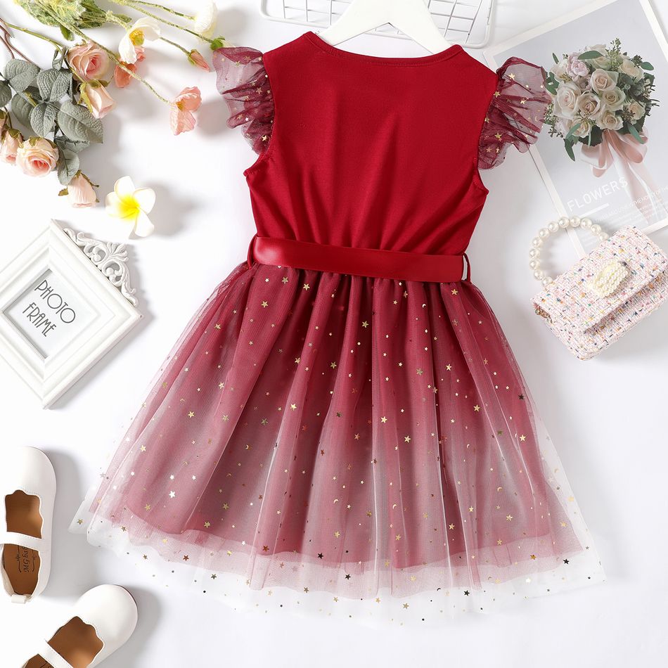Kid Girl Glitter Star Design Mesh Splice Flutter-sleeve Belted Dress Burgundy big image 3