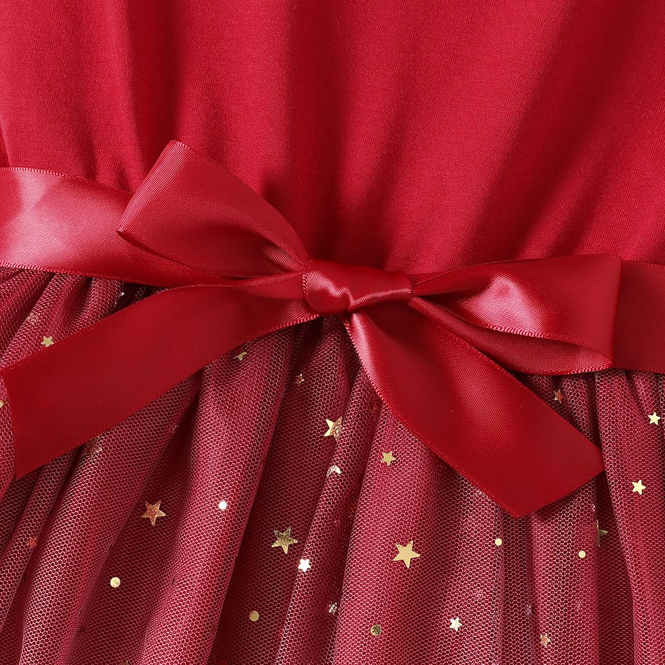 Kid Girl Glitter Star Design Mesh Splice Flutter-sleeve Belted Dress Burgundy big image 5
