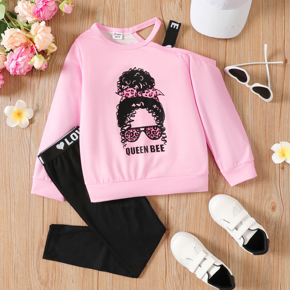 2pcs Kid Girl Figure Print One Shoulder Sweatshirt and Webbing Design Leggings Set Pink big image 1