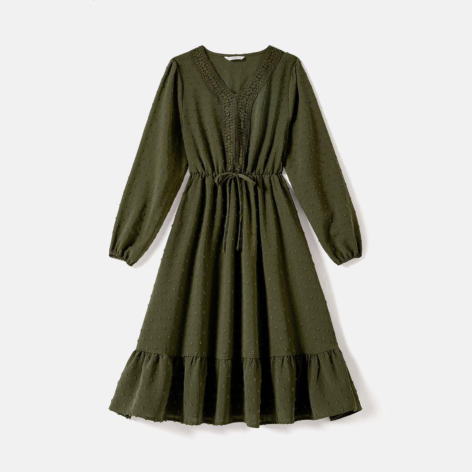 Mommy and Me Solid Swiss Dot Lace Detail Ruffle Hem Long-sleeve Dresses Army green big image 3