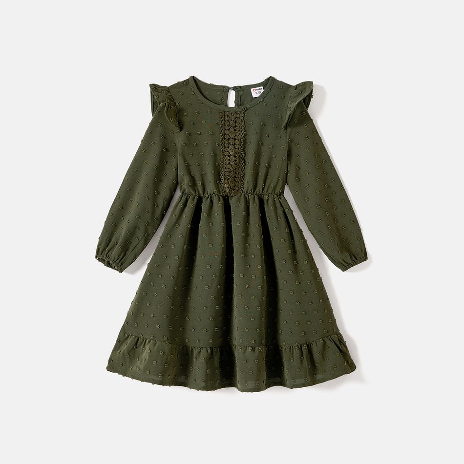 Mommy and Me Solid Swiss Dot Lace Detail Ruffle Hem Long-sleeve Dresses Army green big image 5