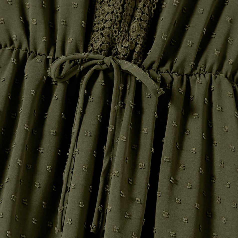 Mommy and Me Solid Swiss Dot Lace Detail Ruffle Hem Long-sleeve Dresses Army green big image 10