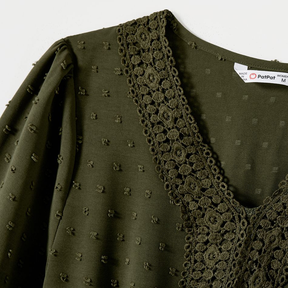 Mommy and Me Solid Swiss Dot Lace Detail Ruffle Hem Long-sleeve Dresses Army green big image 4