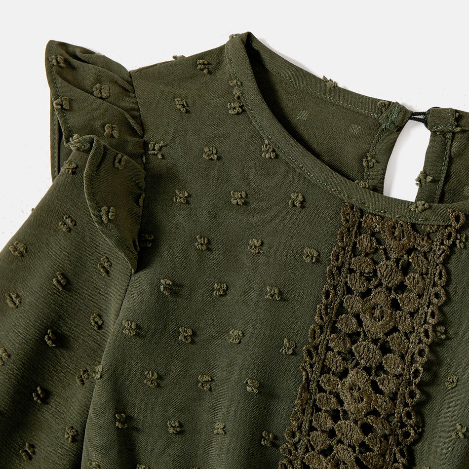 Mommy and Me Solid Swiss Dot Lace Detail Ruffle Hem Long-sleeve Dresses Army green big image 6
