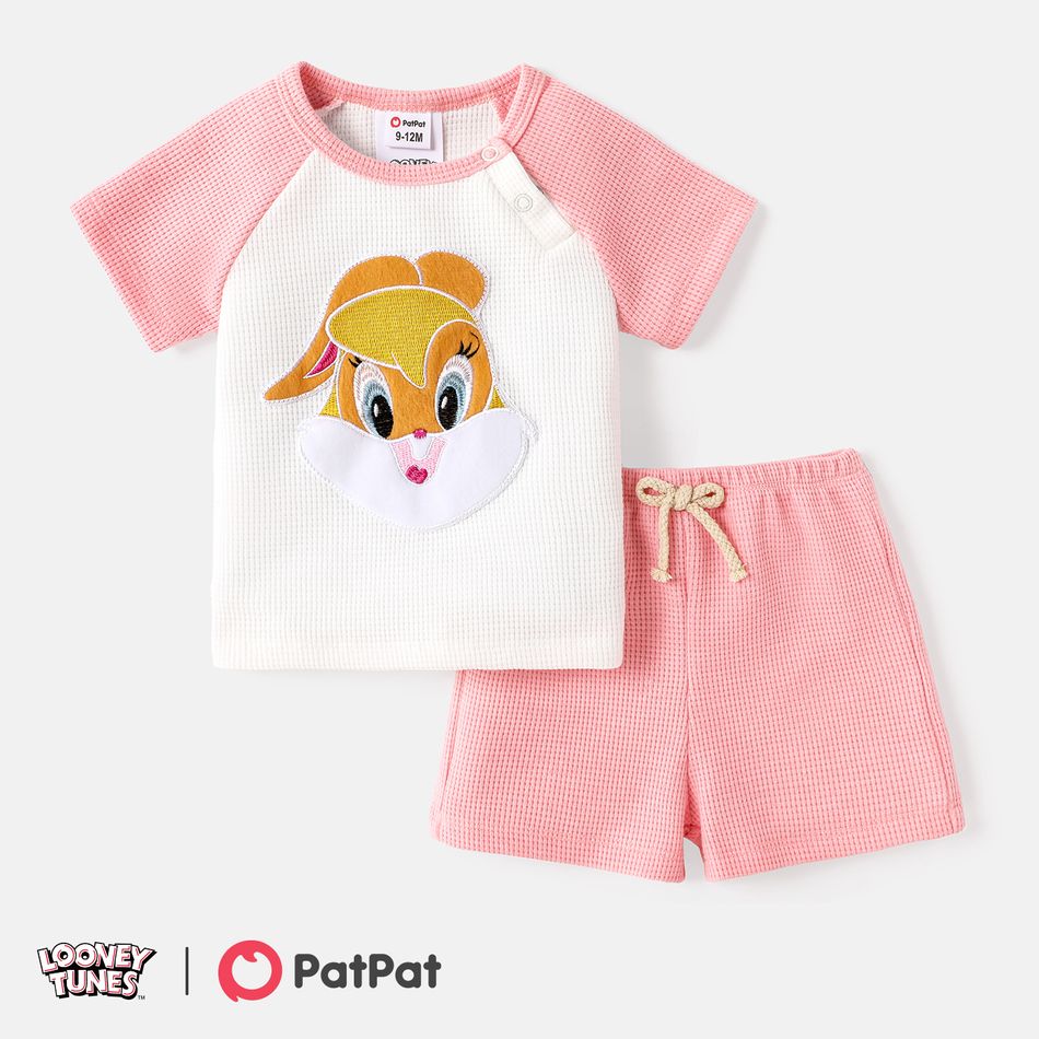 Looney Tunes 2pcs Baby Boy/Girl Raglan Sleeve Animal Graphic Waffle Tee & Shorts Set Pink big image 1