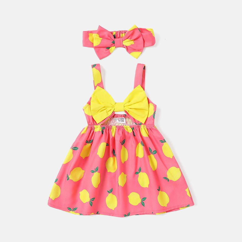 2pcs Baby Girl Lemon Print Bowknot Design Cami Dress and Headband Set ColorBlock