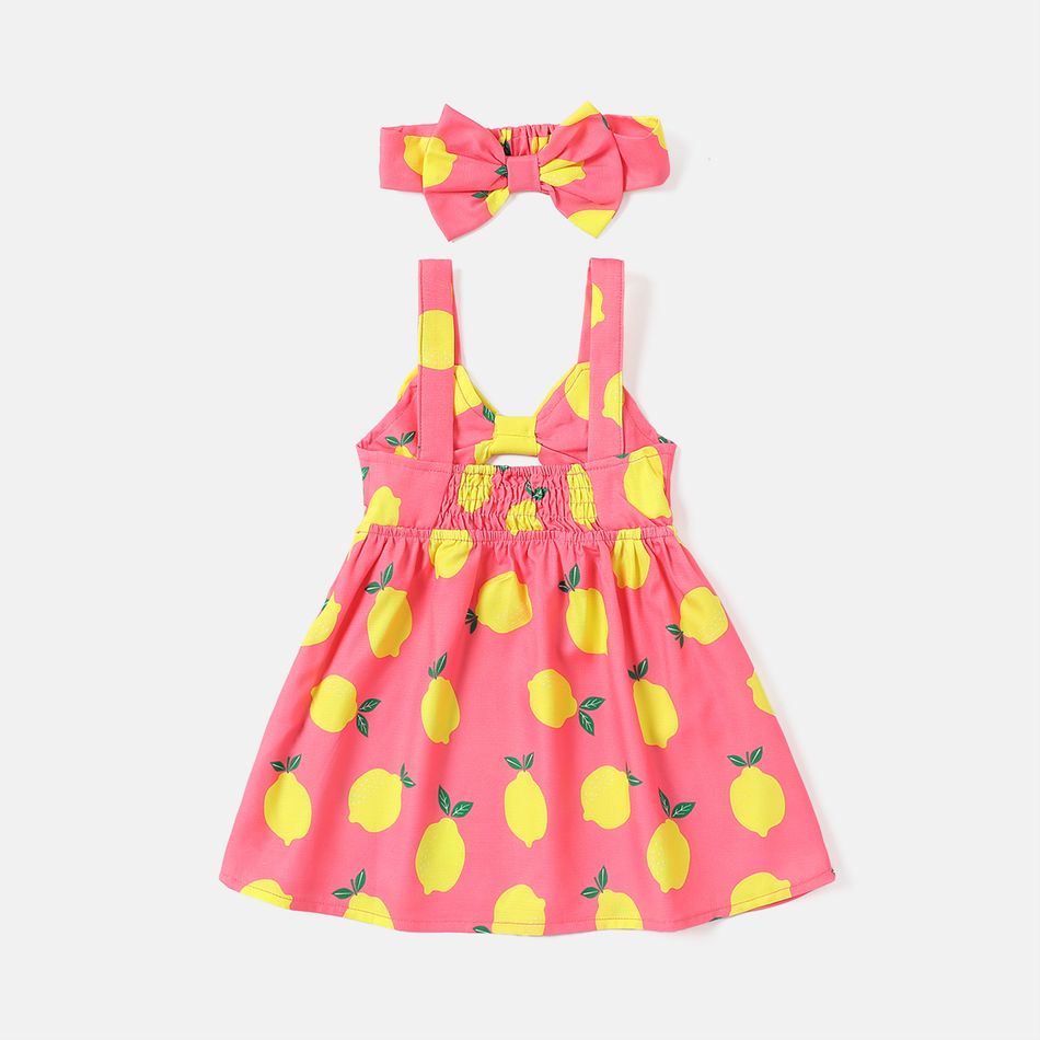 2pcs Baby Girl Lemon Print Bowknot Design Cami Dress and Headband Set ColorBlock big image 2