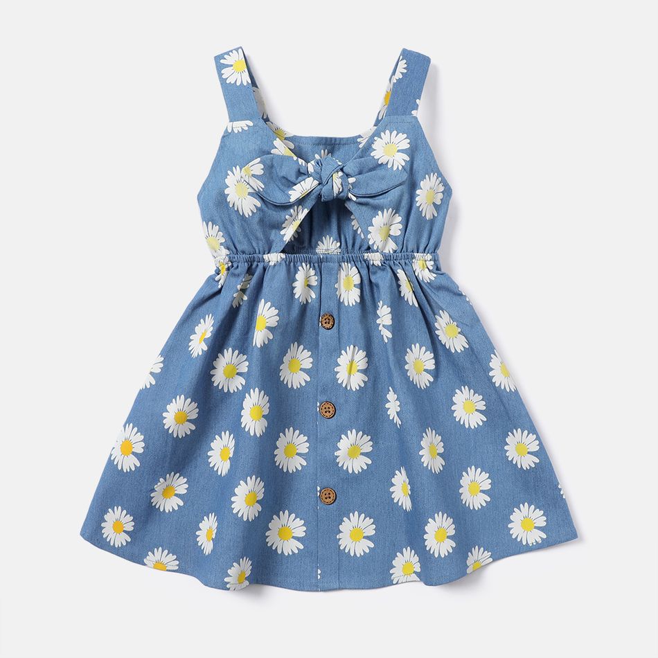Toddler Girl Floral Print Bowknot Design Cut Out Denim Slip Dress DENIMBLUE big image 1
