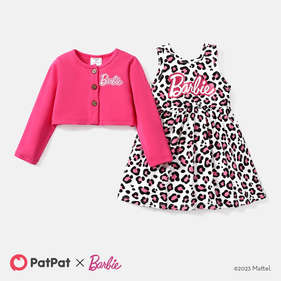 Barbie 2pcs Toddler Girl Cotton Leopard Print Sleeveless Dress and Jacket Set Pink big image 1