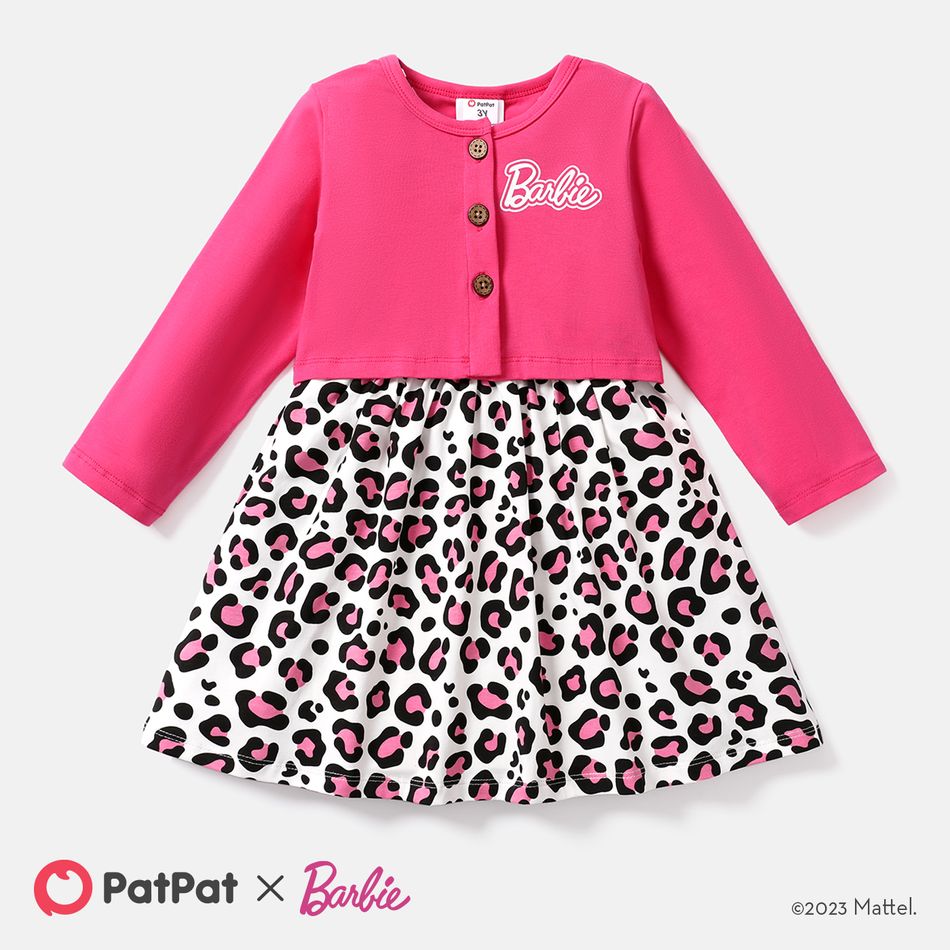 Barbie 2pcs Toddler Girl Cotton Leopard Print Sleeveless Dress and Jacket Set Pink big image 2