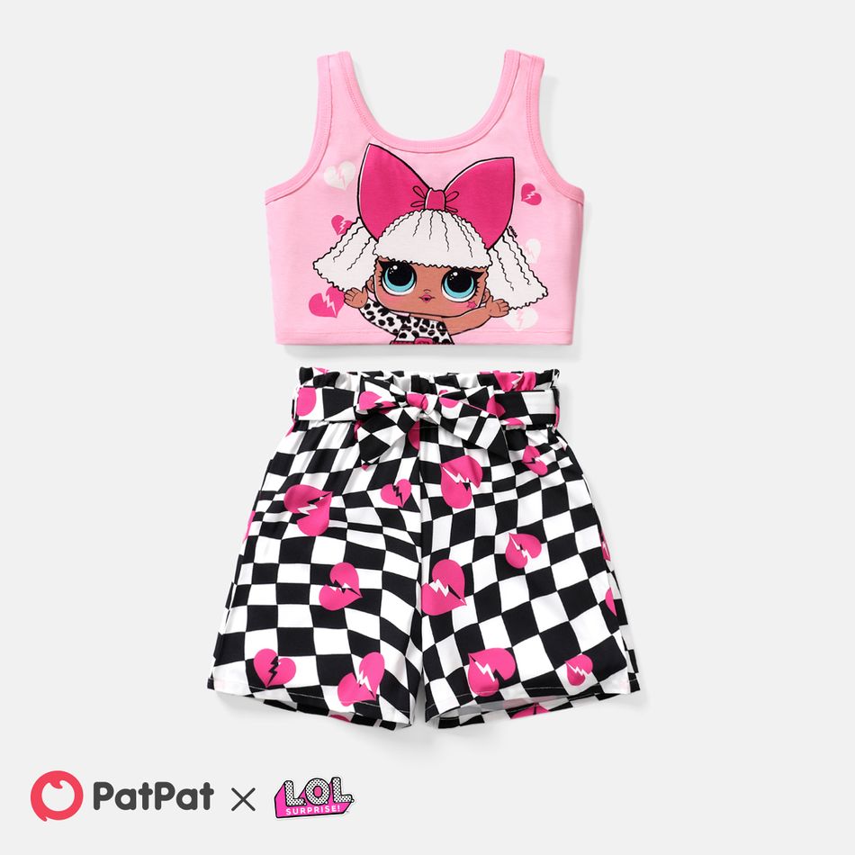L.O.L. SURPRISE! 2pcs Kid Girl Character Print Naia Sleeveless Tee and Plaid Belted Shorts Set Pink big image 1