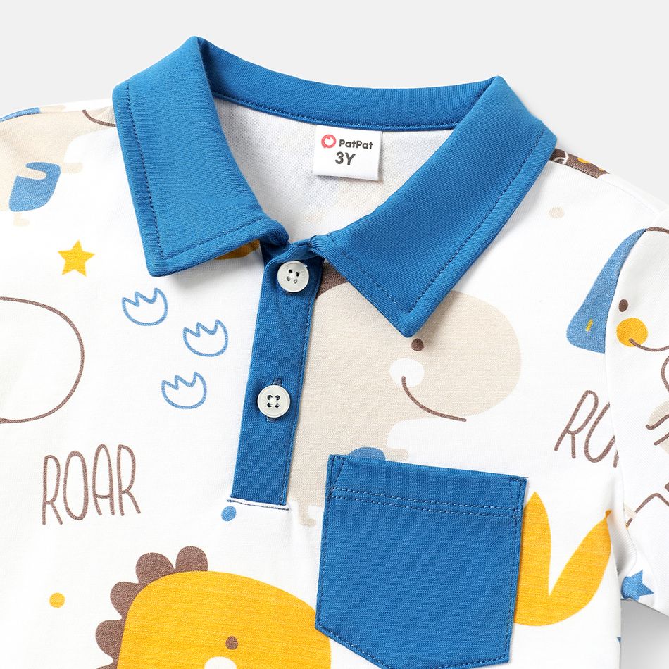 Toddler Boy 100% Cotton Dinosaur Print Short-sleeve Polo Tee Royal Blue big image 3