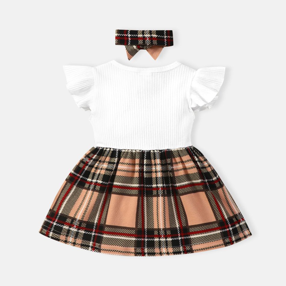 2pcs Baby Solid Cotton Ribbed Ruffle Long-sleeve Spliced Plaid Bow Front Dress & Headband Set White big image 2