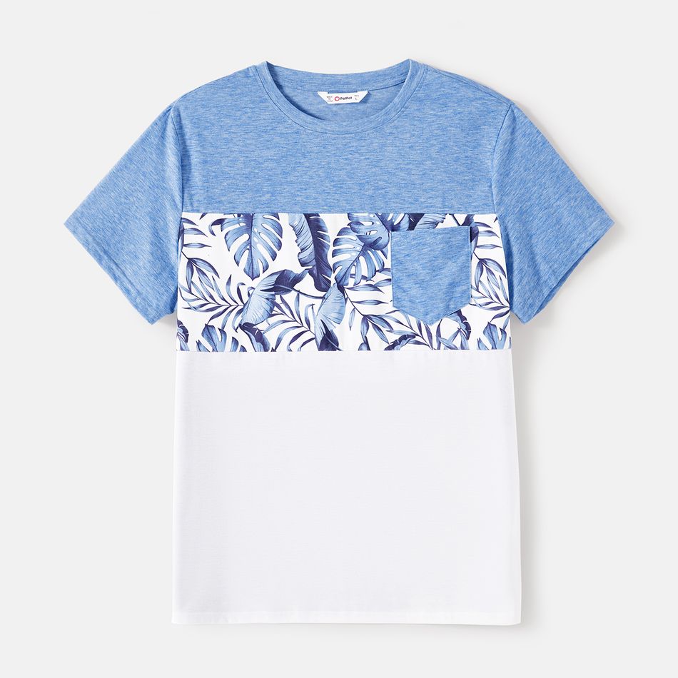 Family Matching Allover Leaf Print Naia Cami Dresses and Short-sleeve Colorblock T-shirts Sets lightbluewhite big image 2