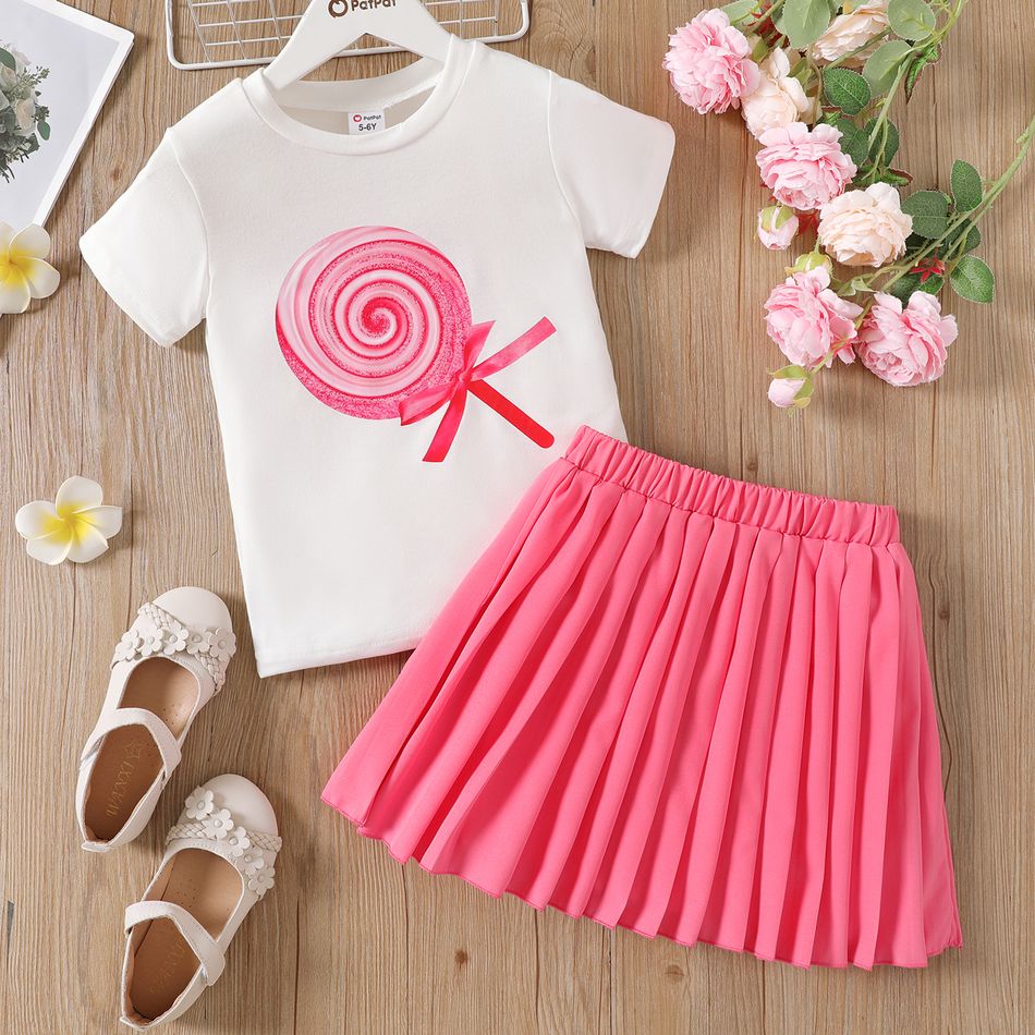 2pcs Kid Girl Lollipop Print Bowknot Design Short-sleeve Tee and Pleated Skirt Set Rosy