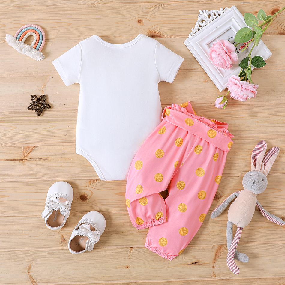 Easter 3pcs Baby Girl Short-sleeve Graphic Romper and Polka Dots Pants with Belt Set Pink big image 2