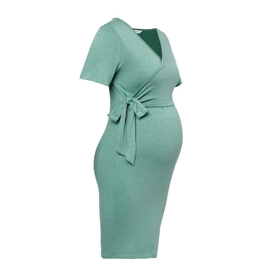 Maternity Wrap Knot Side Short-sleeve Bodycon Dress Mint Green big image 2