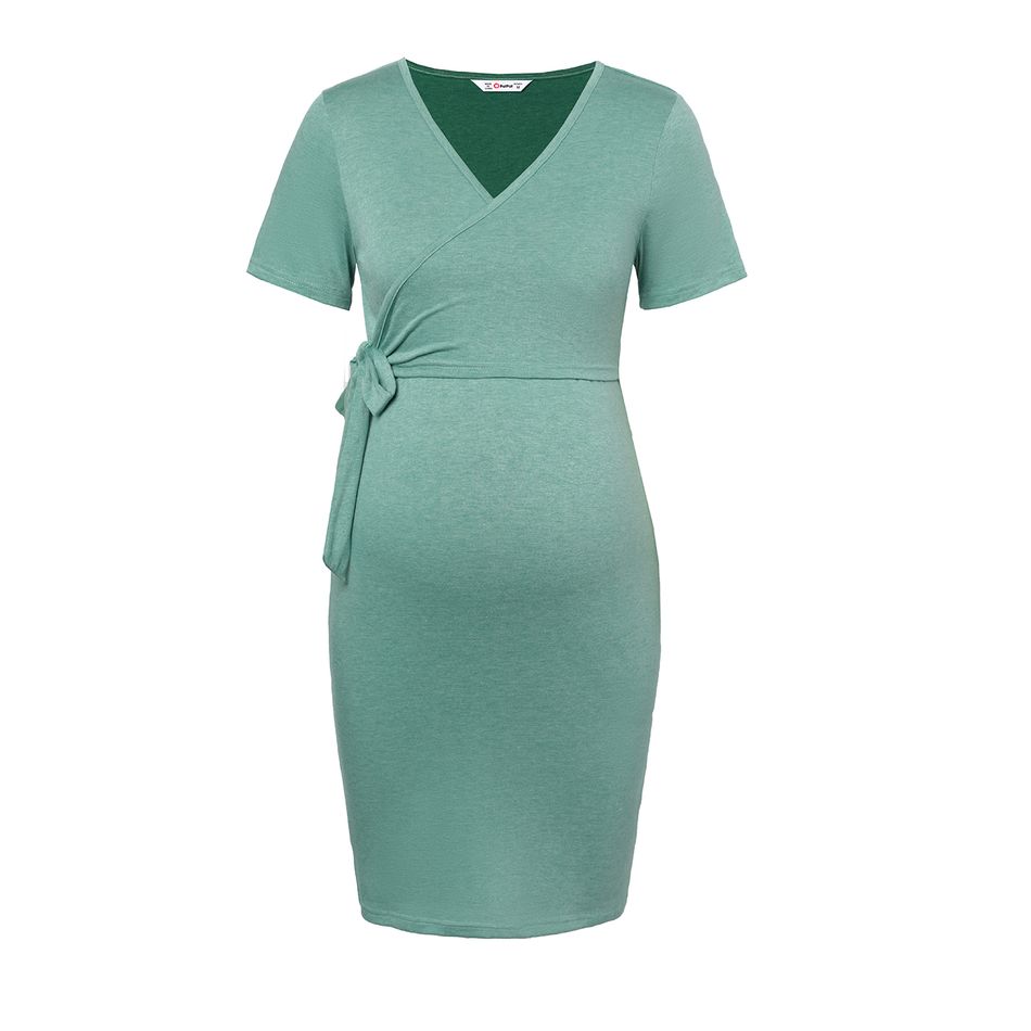Maternity Wrap Knot Side Short-sleeve Bodycon Dress Mint Green big image 1