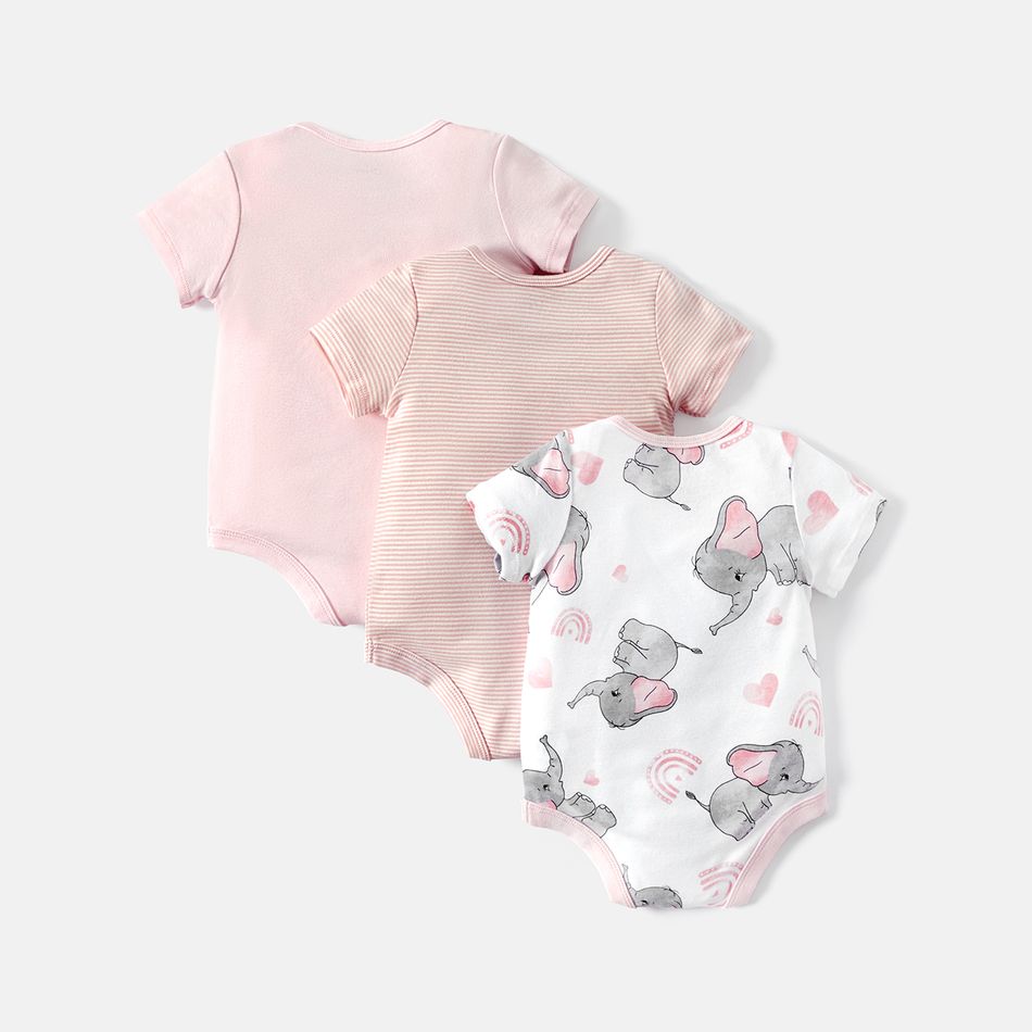 3-Pack Baby Girl/Boy Elephant Print/Solid Color Short-sleeve Rompers Pink big image 2