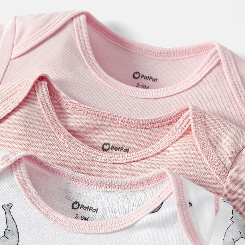3-Pack Baby Girl/Boy Elephant Print/Solid Color Short-sleeve Rompers Pink big image 3