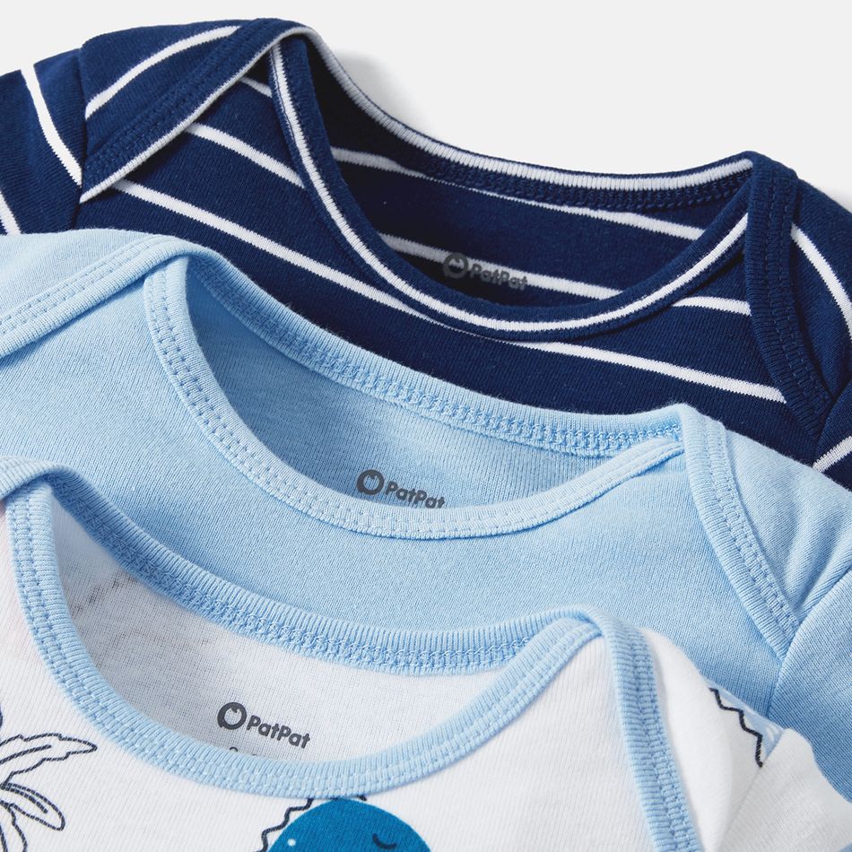 3-Pack Baby Girl/Boy Dinosaur Print/Stripe/Solid Color Short-sleeve Rompers Blue big image 3