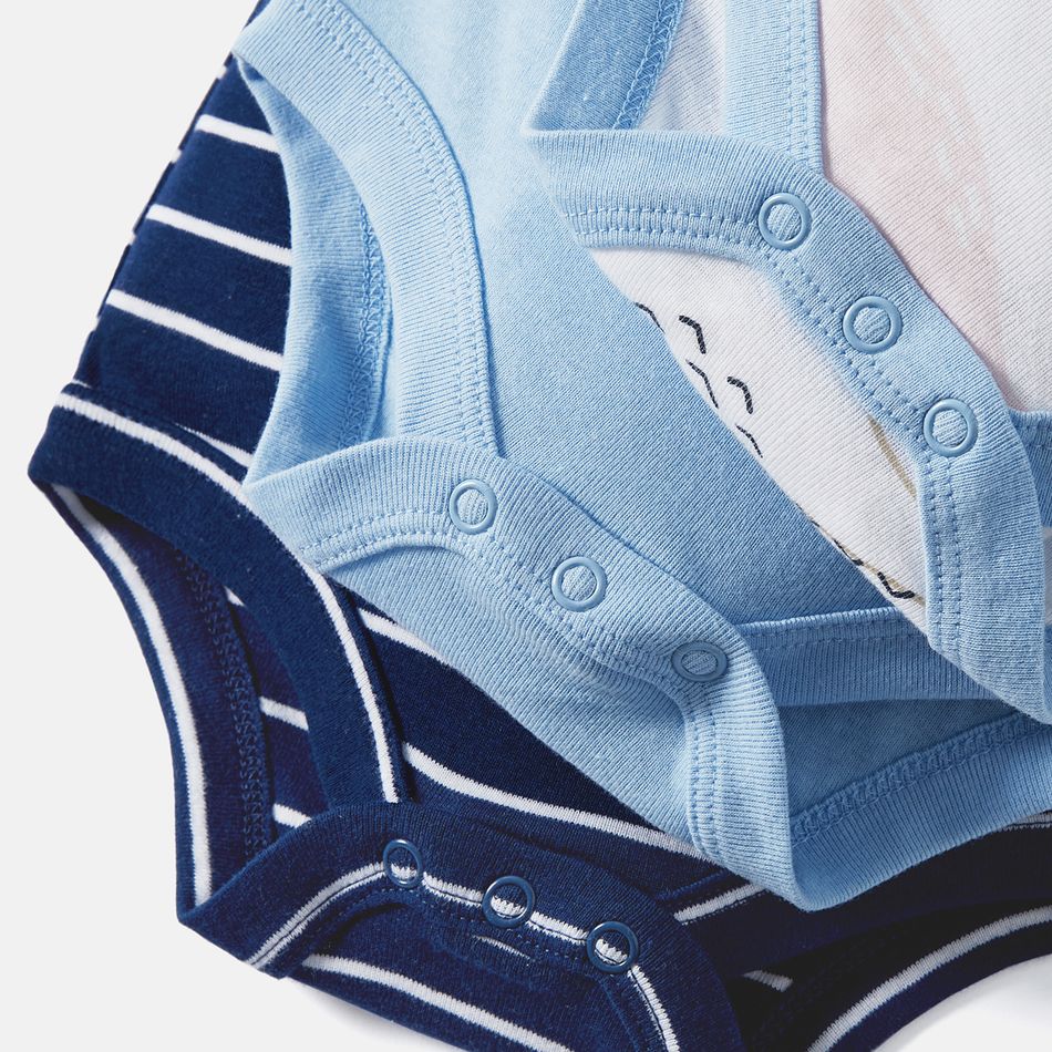3-Pack Baby Girl/Boy Dinosaur Print/Stripe/Solid Color Short-sleeve Rompers Blue big image 4