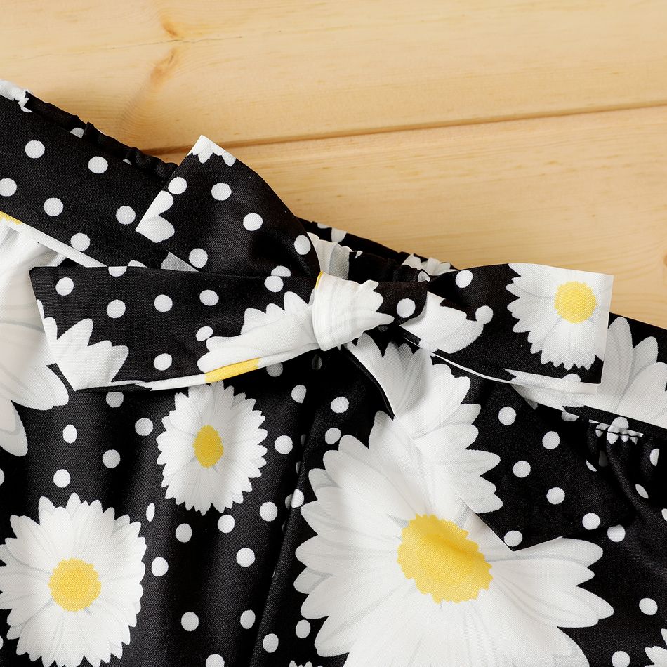 2pcs Kid Girl Floral Print Flounce Camisole and Belted Shorts Set Black big image 4