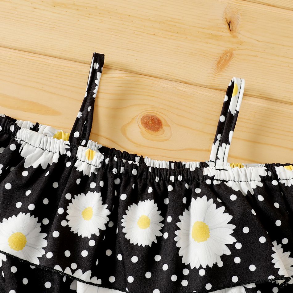 2pcs Kid Girl Floral Print Flounce Camisole and Belted Shorts Set Black big image 3