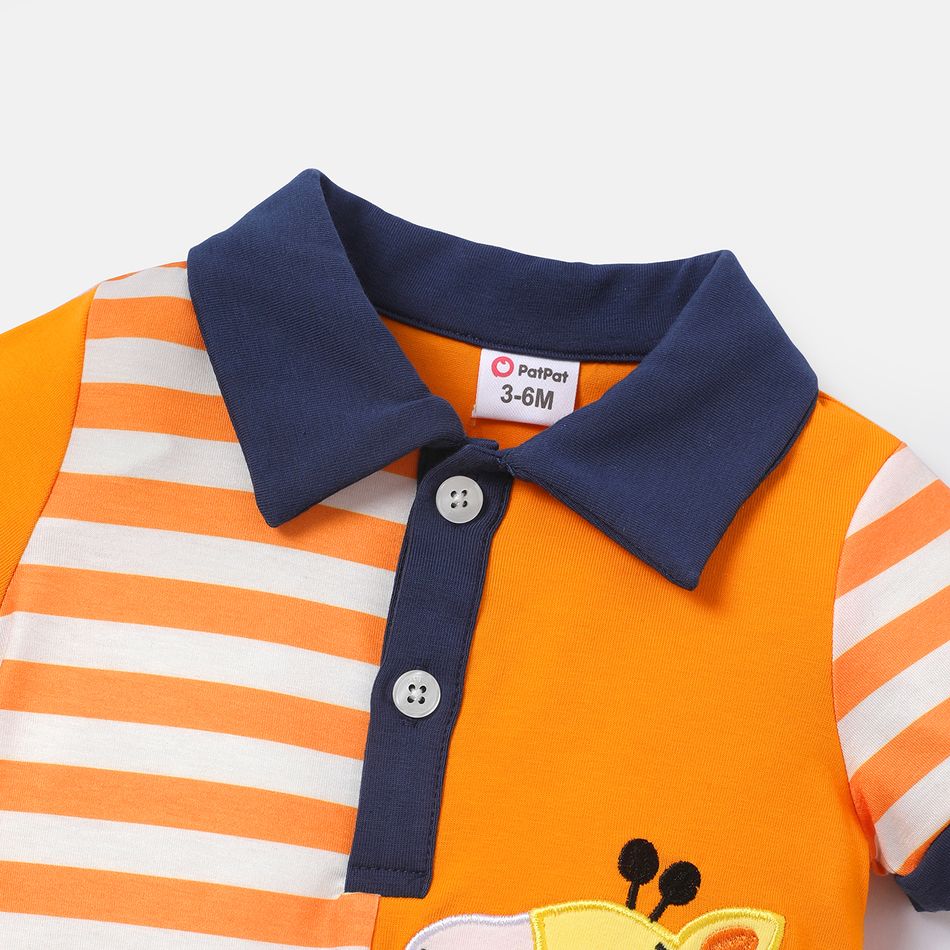 Naia™ Baby Boy Cotton Animal Embroidered Striped Polo Collar Short-sleeve Romper Orange big image 3