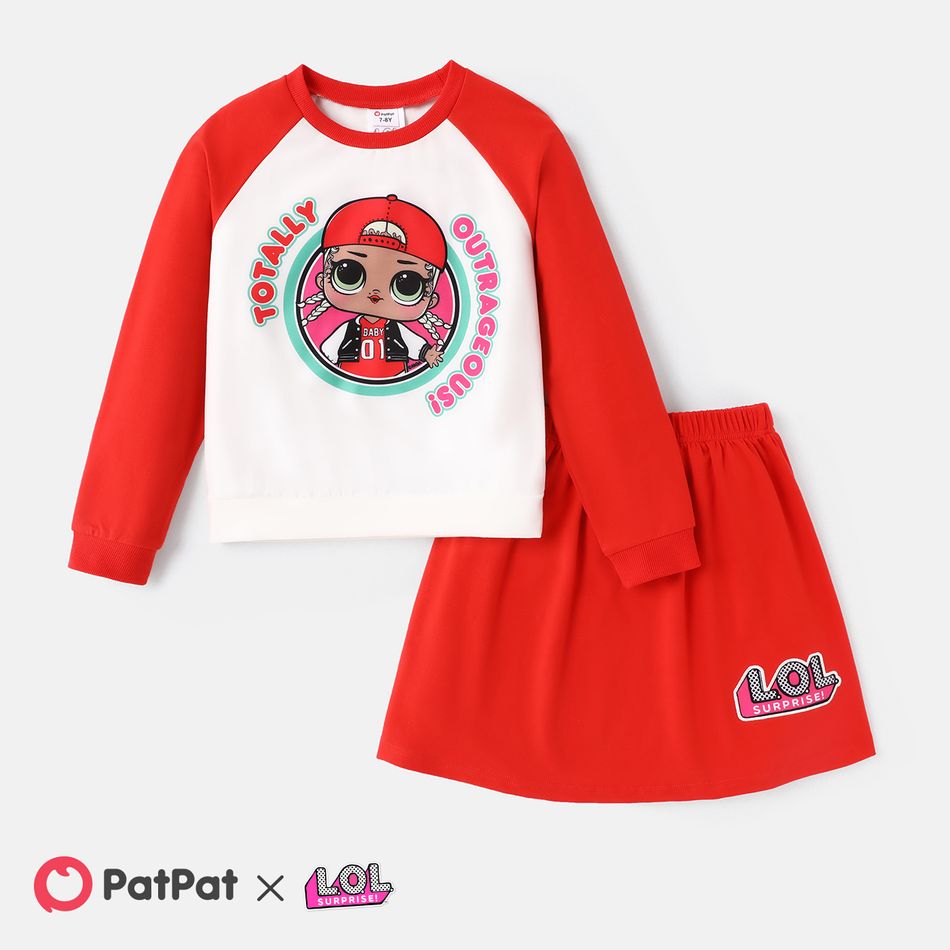 L.O.L. SURPRISE! 2pcs Kid Girl Colorblock Raglan Sleeve Sweatshirt and Red Cotton Skirt Set REDWHITE
