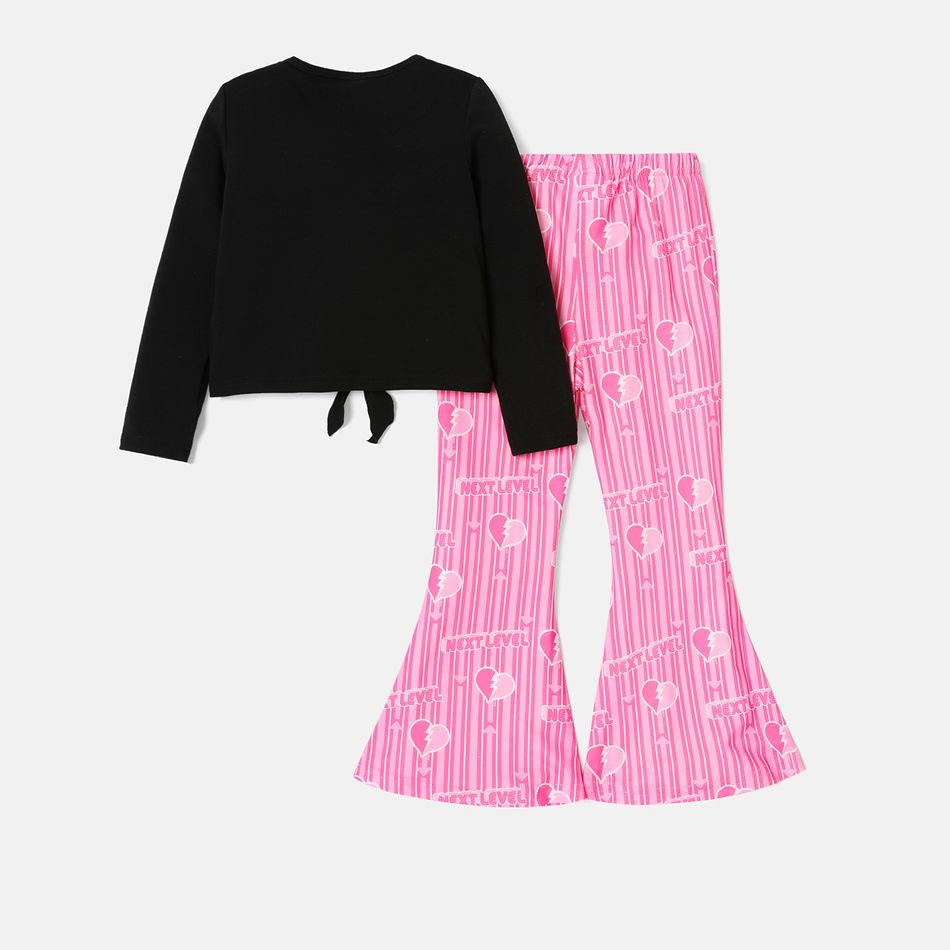 L.O.L. SURPRISE! 2pcs Kid Girl Graphic Print Tie Knot Long-sleeve White Tee and Stripe Heart Leopard Print Pink Flared Pants Set Black big image 7