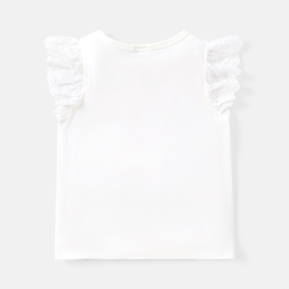 Baby Girl Cotton Rabbit Embroidered  Mesh Design Flutter-sleeve Tee White big image 4