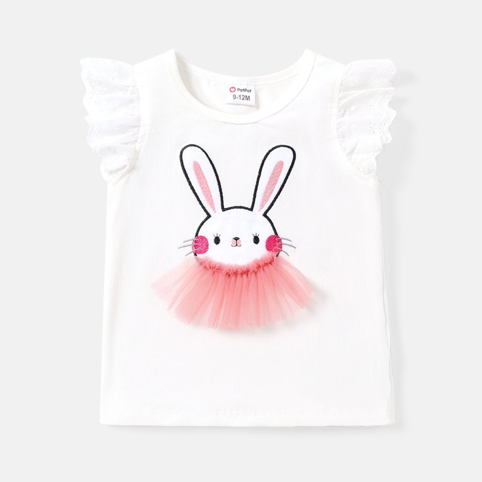 Baby Girl Cotton Rabbit Embroidered  Mesh Design Flutter-sleeve Tee White big image 1