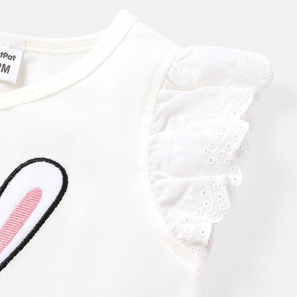 Baby Girl Cotton Rabbit Embroidered  Mesh Design Flutter-sleeve Tee White big image 3