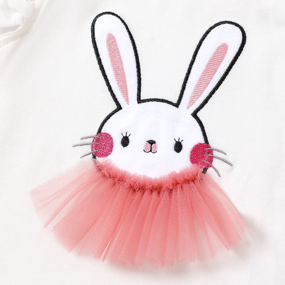 Baby Girl Cotton Rabbit Embroidered  Mesh Design Flutter-sleeve Tee White big image 2