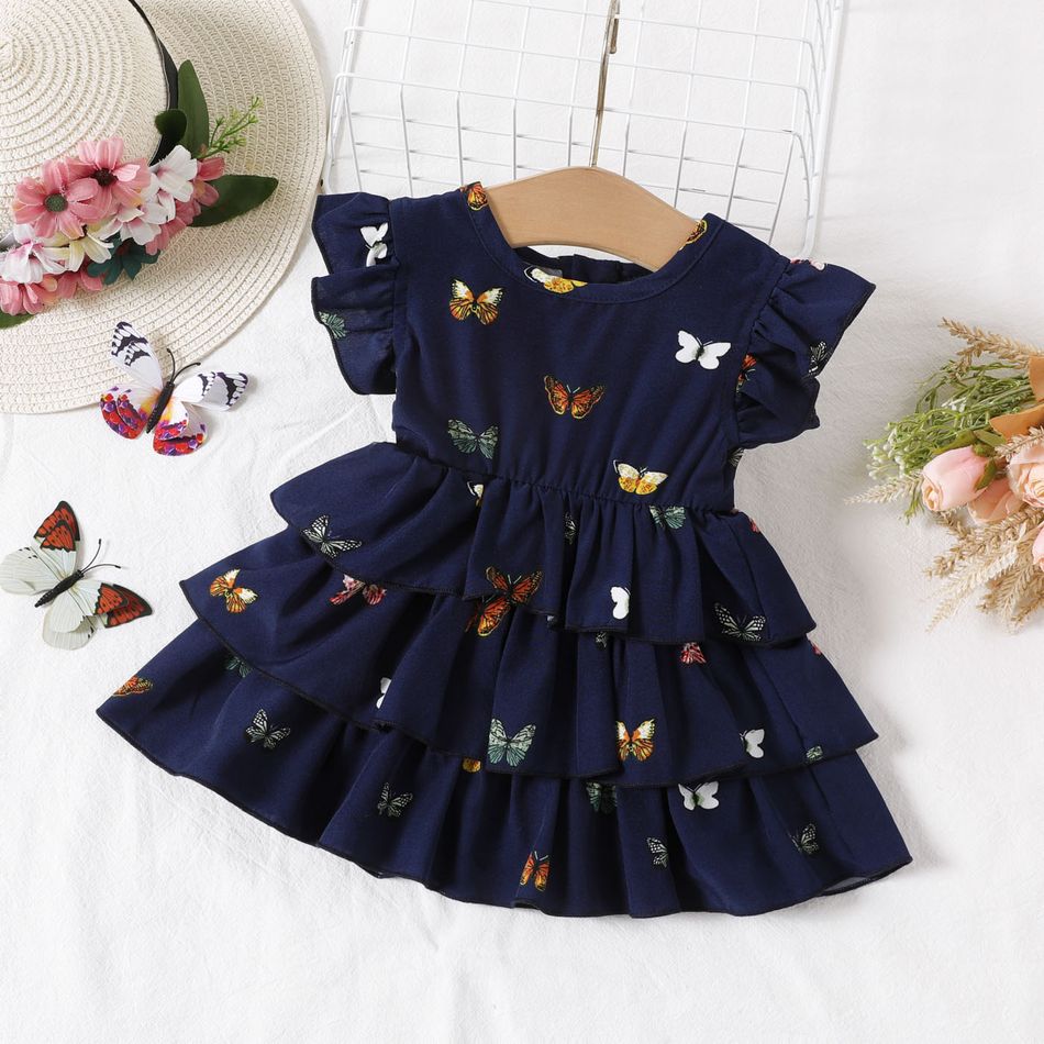 Baby Girl Allover Butterfly Print Flutter-sleeve Layered Dress Dark Blue big image 1