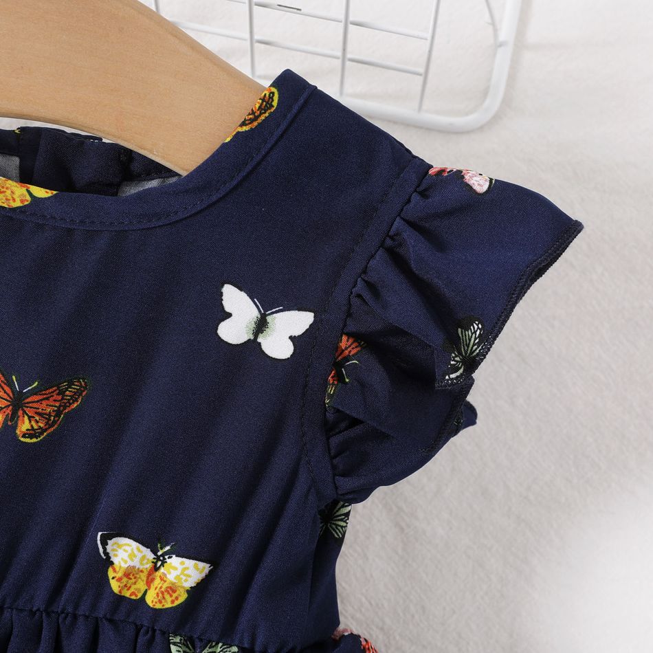 Baby Girl Allover Butterfly Print Flutter-sleeve Layered Dress Dark Blue big image 4