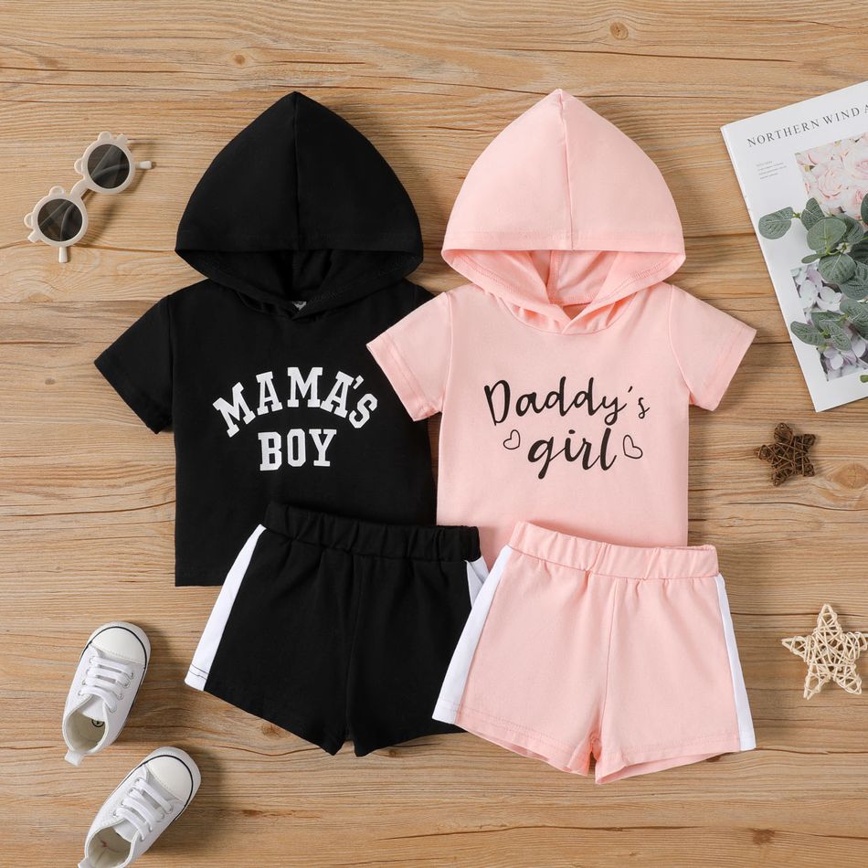 2pcs Baby Boy/Girl Letter Print Hooded Short-sleeve Top & Shorts Set Pink big image 2