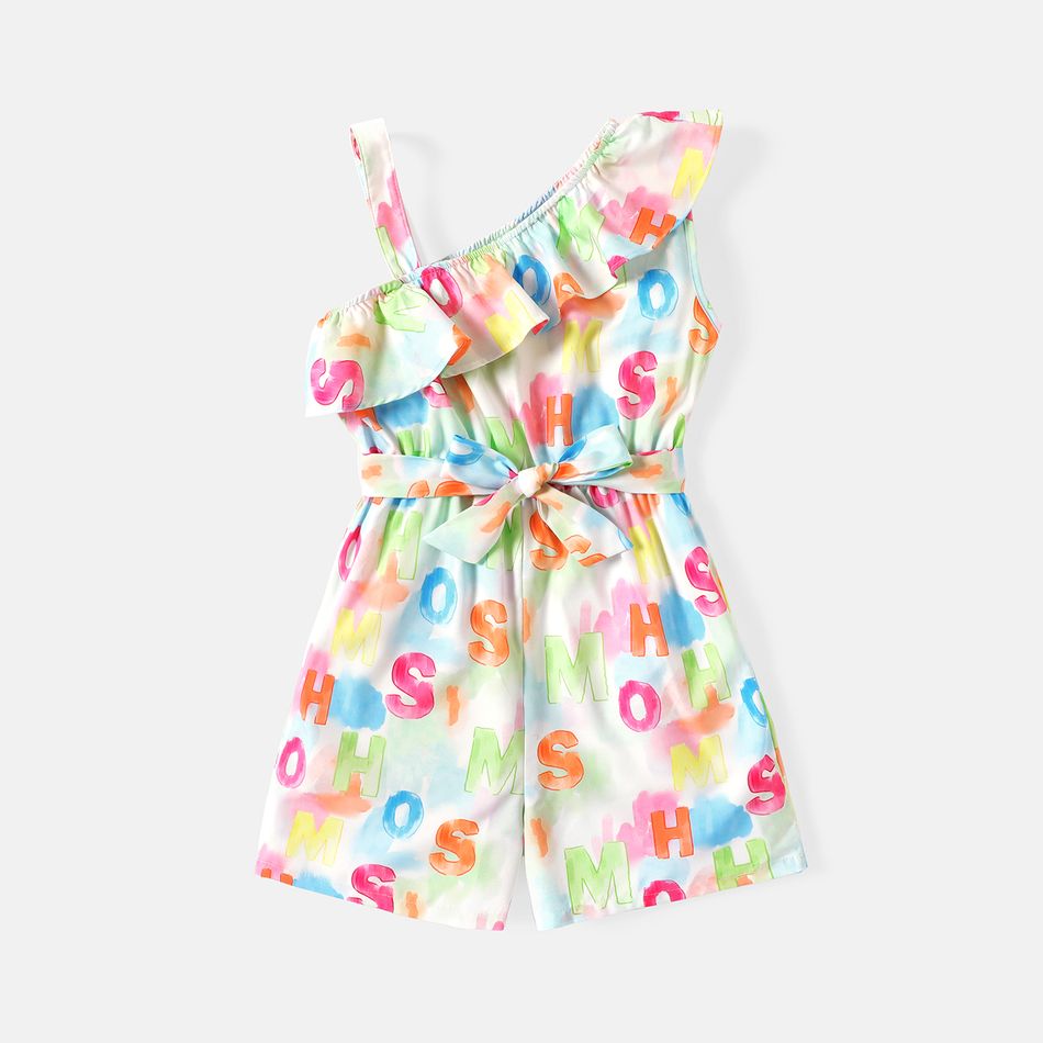 Kid Girl Letter Print Flounce Belted Sleeveless Rompers Pink