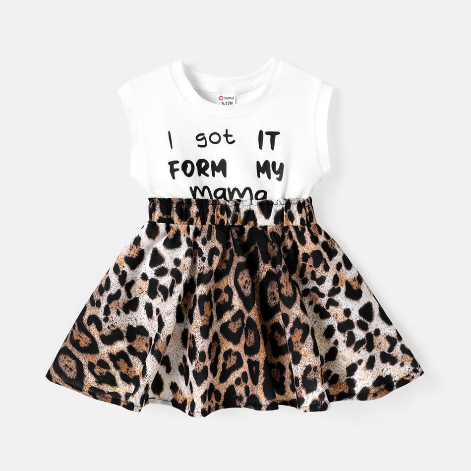 Baby Girl Cotton Cap-sleeve Letter & Leopard Print Spliced Dress White big image 1