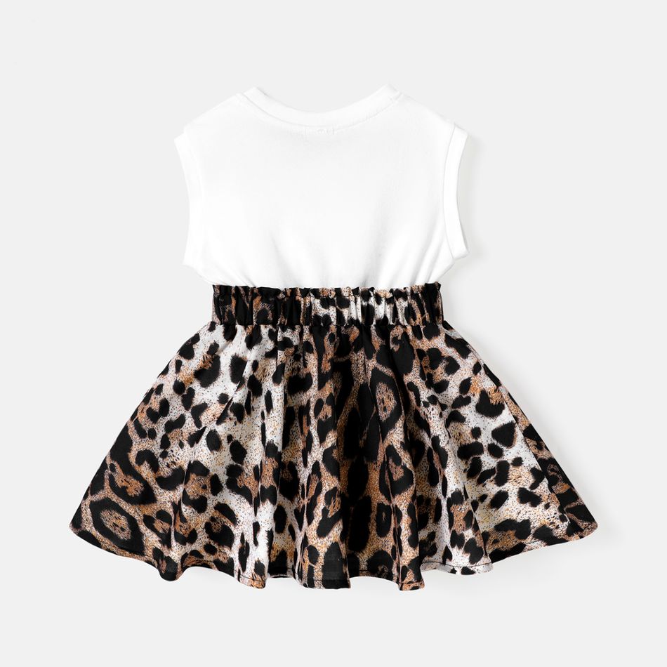 Baby Girl Cotton Cap-sleeve Letter & Leopard Print Spliced Dress White big image 3